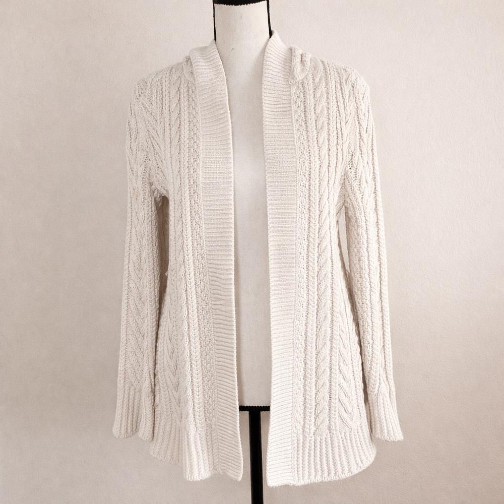 L L Bean Signature Fisherman Cream Cable Knit Cardigan